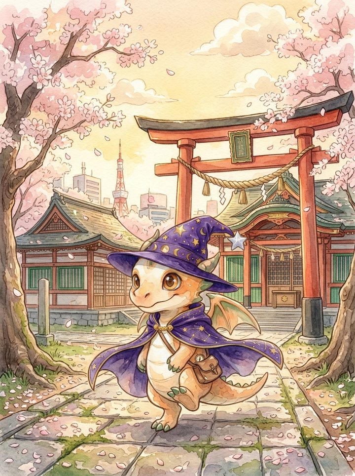 AI-generated postcard: a dragon pet "dancing" in Tokyo