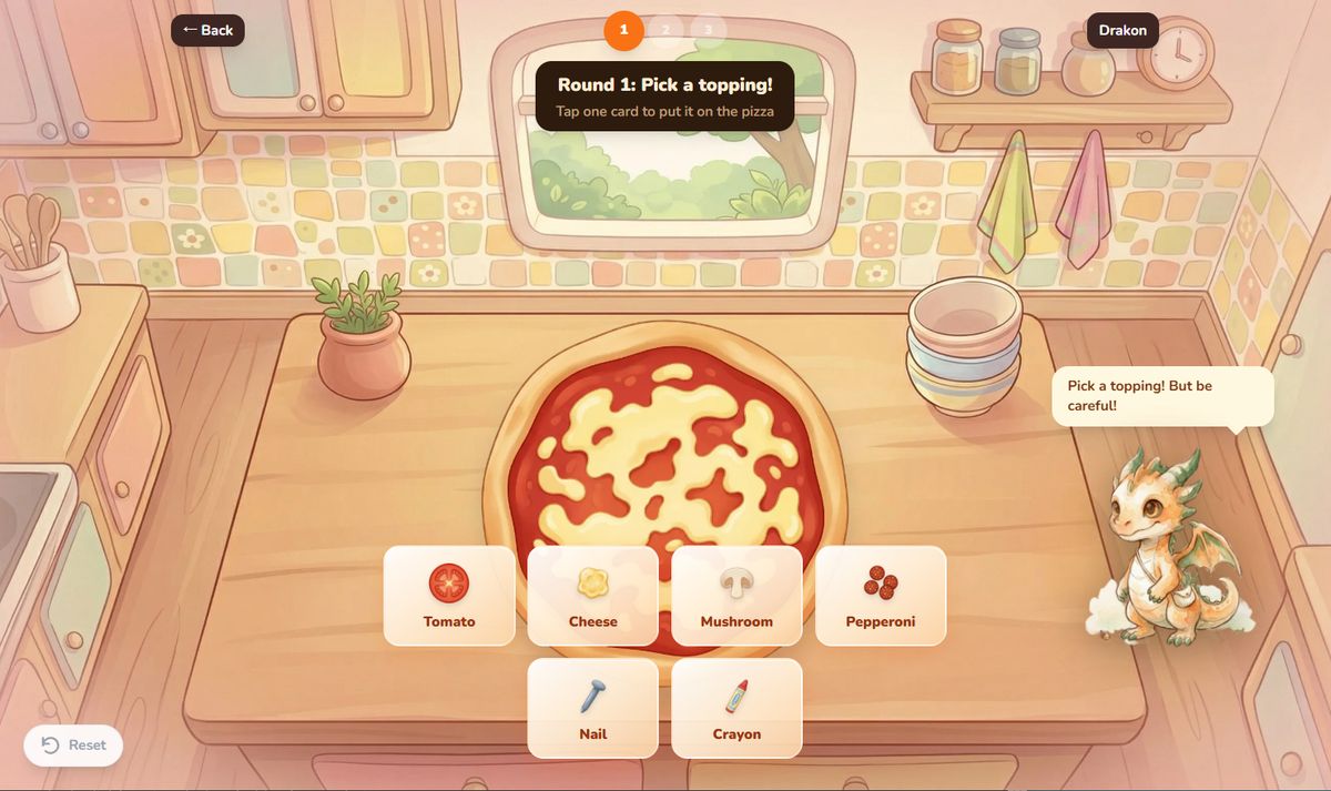 Pizza Kitchen mini-game, choosing toppings
