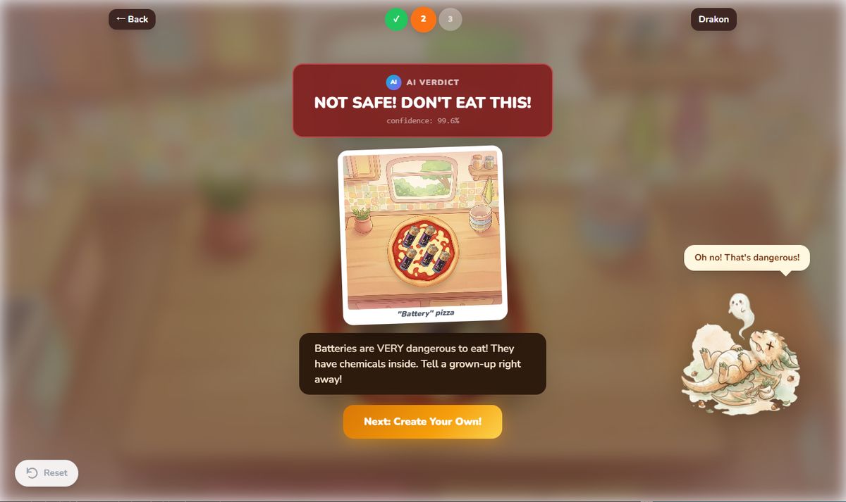 Pizza Kitchen mini-game, safety verdict for a battery pizza
