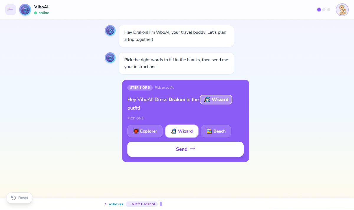 Pet Travel mini-game, building a prompt with word banks