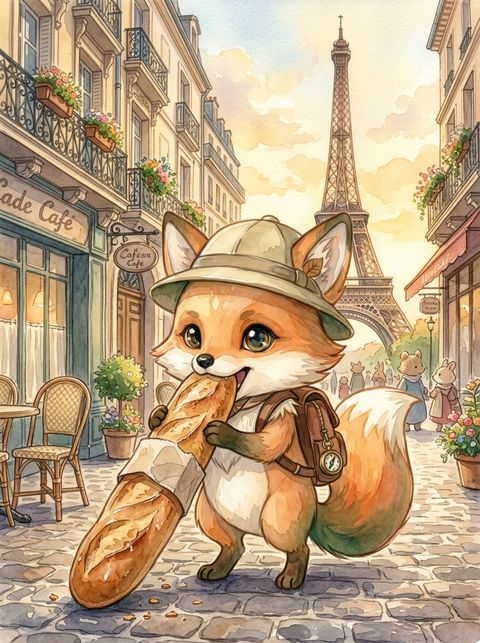 AI-generated postcard from the expo: a baguette run in Paris