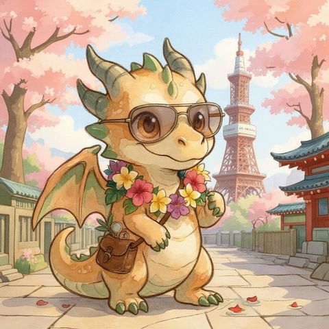 AI-generated postcard from the expo: a pet at Tokyo Tower