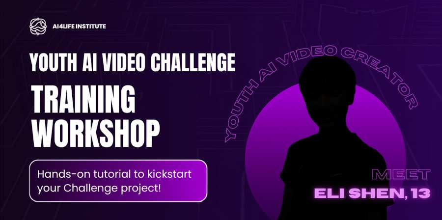 Youth AI Video Challenge training workshop announcement featuring a past winner